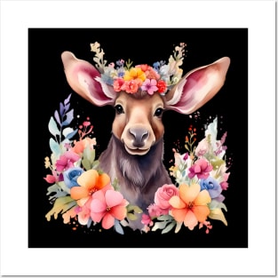 A moose decorated with beautiful watercolor flowers Posters and Art